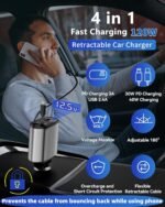 Retractable Car Charger, 4 in 1 Fast Charging Car Charger with USB-C & USB-A, Compatible with iPhone 17/16/15/14/13/12/11,Galaxy,Pixel, Car Accessories for Men Women Drivers - Image 3