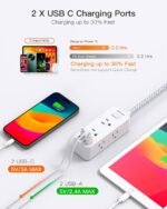 Power Strip Surge Protector, BESHON 5Ft Extension Cord, 6 Outlets with 4 USB Ports (2 USB C Outlet), 3-Side Outlet Extender, Wall Mount, Compact for Travel, Home, College Dorm Room and Office - Image 3