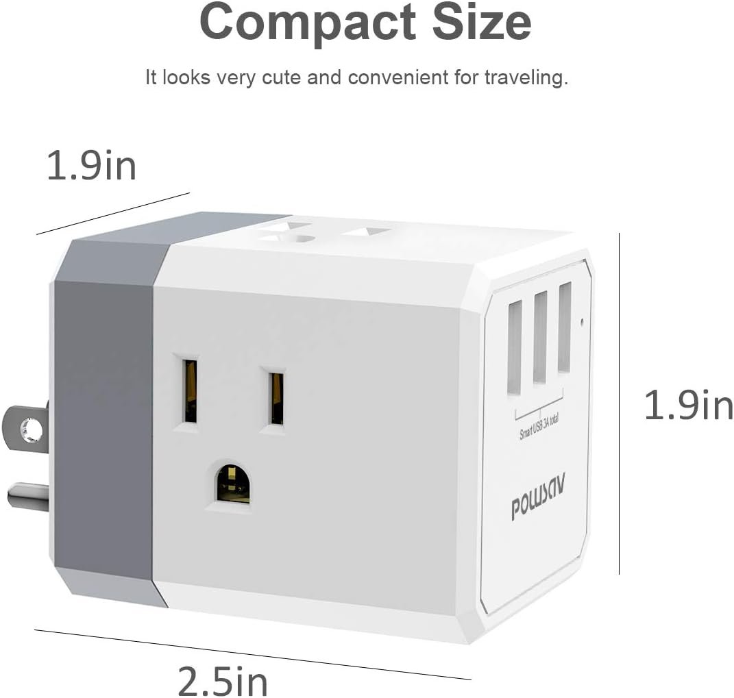 3-Outlet USB Wall Charger and Extender with 3-Way Splitter, ETL Listed - for Home, Office, Cruise Ship - Image 3
