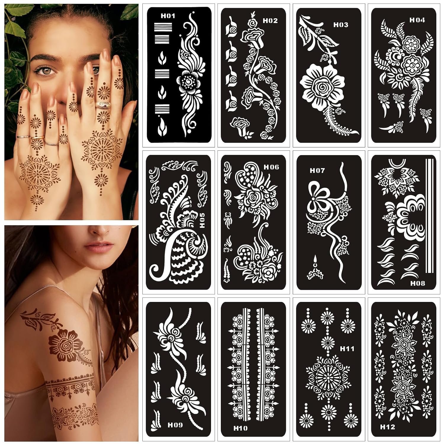 Tattoo Stencils for Kids and Adults - 12 Sheets Henna Tattoo Stencils for Kids and Adults - 12 Sheets Henna Kit for Hands,Mehndi,Real Tattoos,and Airbrush - Image 1
