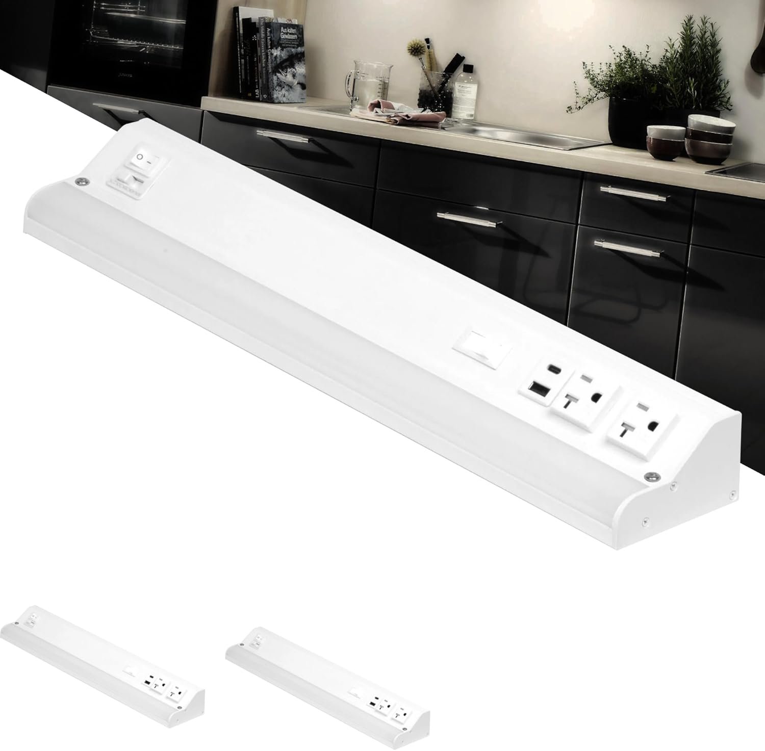 American Lighting LED Courant Plus Undercabinet Light 18 Inch 5CCT American Lighting LED Courant Plus Undercabinet Light 18 Inch 5CCT 90+ CRI 1000 Lumens with USB-A USB-C and 20A Receptacles White Finish – Title 24 Compliant (2 Pack) - Image 1