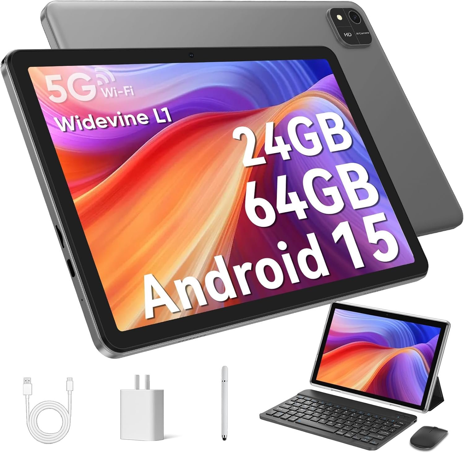 Android 15 Tablet 10.1 inch Tablet 2025 Latest Tablets with Android 15 Tablet 10.1 inch Tablet 2025 Latest Tablets with Keyboard Mouse 24GB+64GB 2TB Expand 6000mAh Octa-Core Processor Dual Camera WiFi 1280x800 IPS 18W Fast Charging (Black) - Image 1