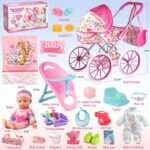 Baby Doll Stroller Toys Set with 12.5" Baby Doll,Dining Chair,Quilt Pillow,24 PCS Doll Accessories and 2 Sets Doll Clothes,Baby Stroller Toys for Girls Toddlers 3-5 4-6 5-7 Gifts for Pretend Play - Image 2