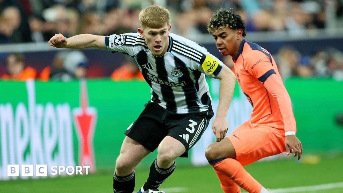 Lewis Hall is challenged by Lamine Yamal during Newcastle United's game against Barcelona at St James' Park on 10 March, 2026