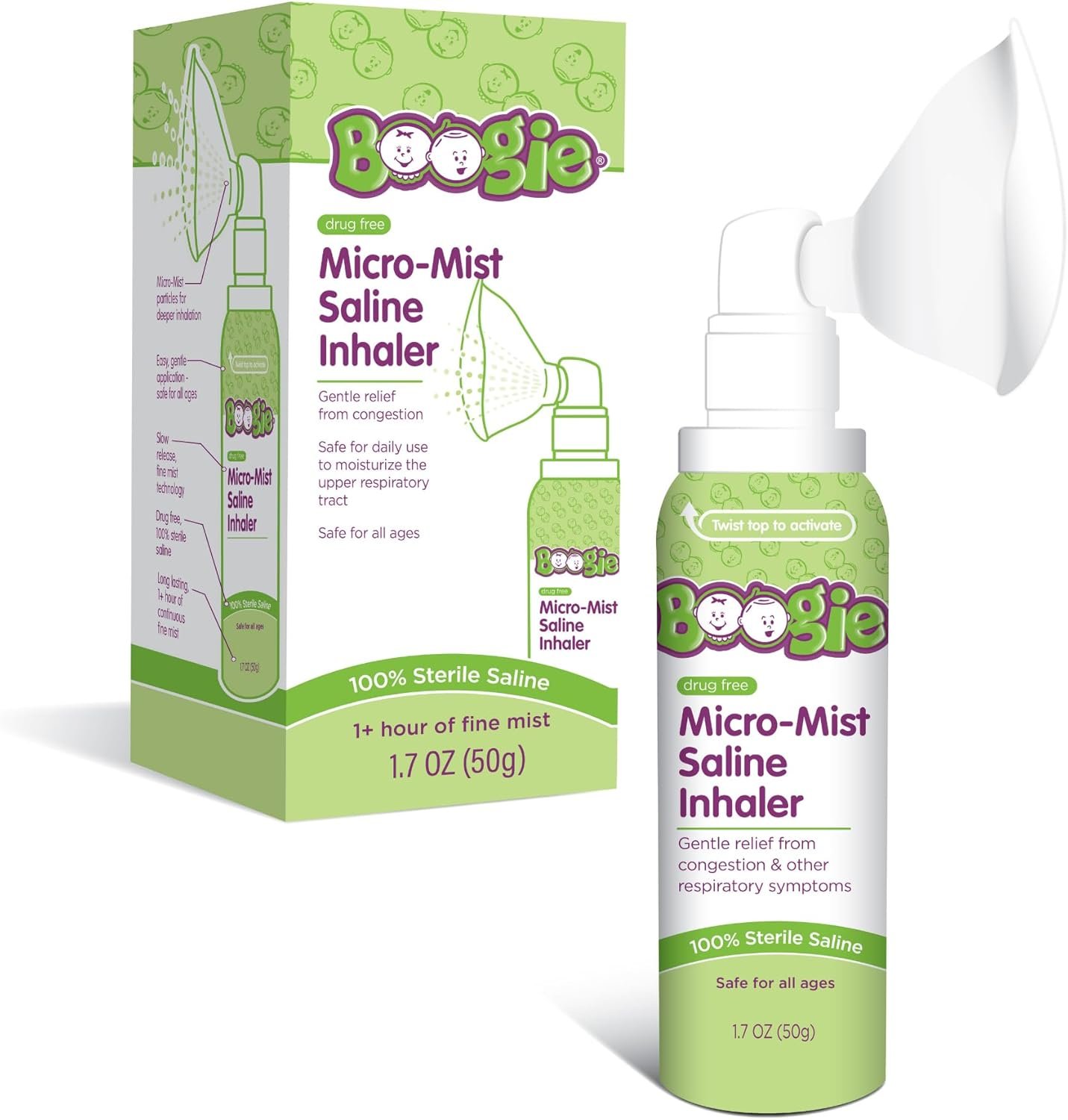 Boogie Micro-Mist Saline Inhaler, Baby Nose Congestion Relief, Nasal Spray Boogie Micro-Mist Saline Inhaler, Baby Nose Congestion Relief, Nasal Spray for Kids, Pediatrician Recommended, 1.7oz Unscented - Pack of 1 - Image 1