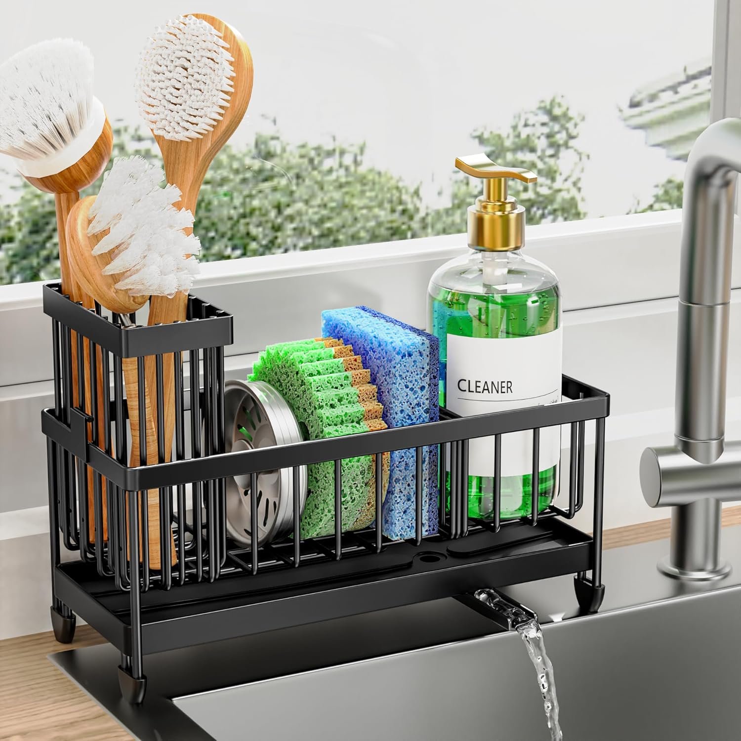 Cisily Sponge Holder for Kitchen Sink, Sink Caddy Organizer with Cisily Sponge Holder for Kitchen Sink, Sink Caddy Organizer with High Brush Holder, Kitchen Countertop Organizers and Storage Essentials, Rustproof 304 Stainless Steel (Black, 9.25″) - Image 1