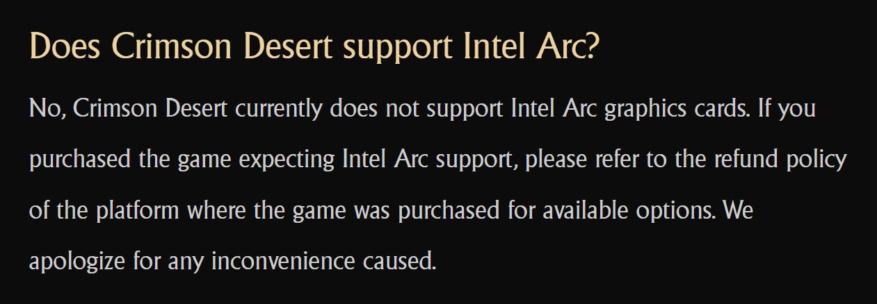 Crimson Desert Lacks Intel Arc Support, Developer Tells Arc Gamers to Seek Refunds for the Game