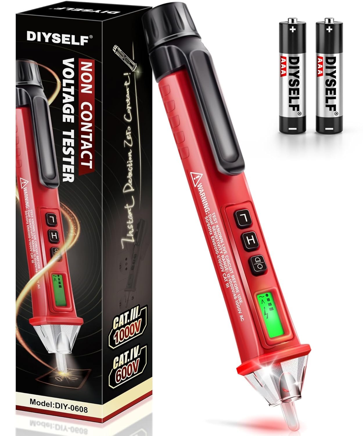 DIYSELF Non Contact Voltage Tester Pen, Dual Sensitivity 12V/48V-1000V AC DIYSELF Non Contact Voltage Tester Pen, Dual Sensitivity 12V/48V-1000V AC Electric Tester Pen Voltage Detector with LCD Display, Buzzer & Flashlight, CAT III 1000V Electrical Tester Pen for Live Wire - Image 1