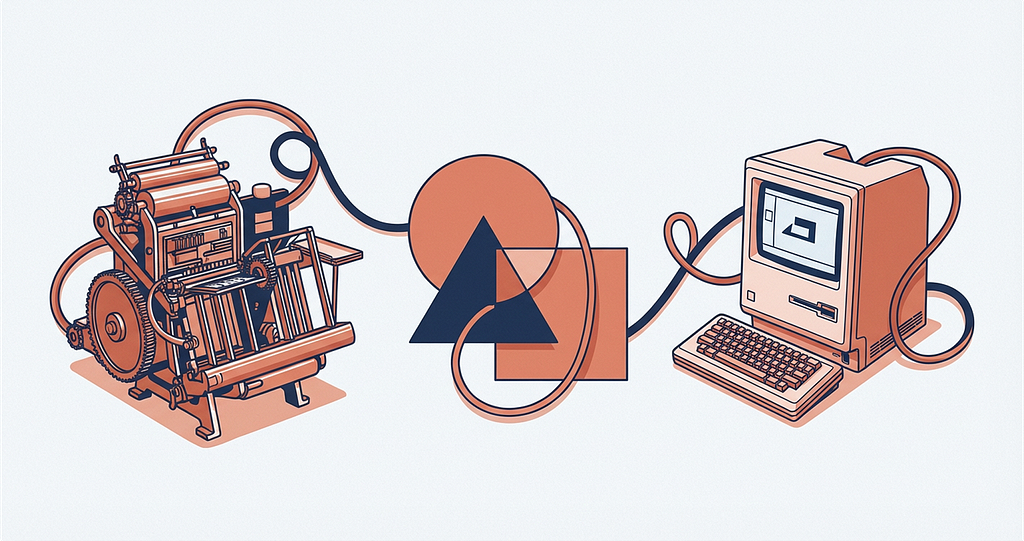 Illustration showing a vintage printing press, Bauhaus geometric shapes, and an early Macintosh computer connected by a flowing cable, representing three moments of technological disruption across history.