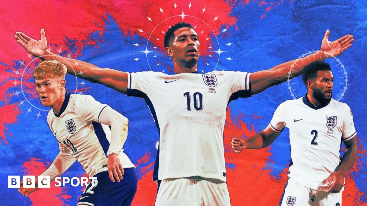 A blue and red graphic overlaid with Lewis Hall, Jude Bellingham and Reece James in white England shirts