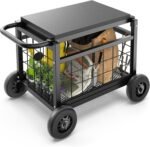 FLINTER Rolling Garden Work Seat with Wheels, Heavy Duty Garden Cart with Seat - Metal Rolling Garden Stool, Upgraded Gardening Cart for Seniors, Outdoor Wagon for Lawn, Patio Gardening, Black