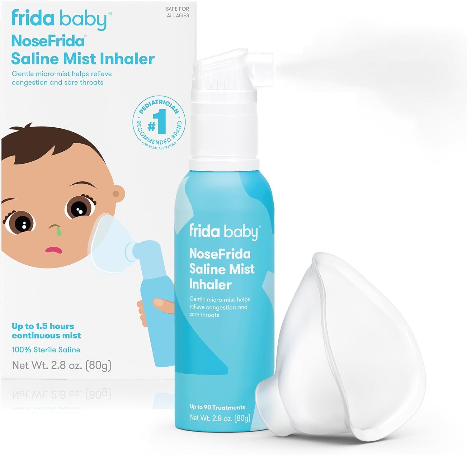 Frida Baby NoseFrida Saline Mist Nasal Inhaler, Decongestant Spray for Frida Baby NoseFrida Saline Mist Nasal Inhaler, Decongestant Spray for Congestion & Allergy Relief for Babies + Kids, Nasal Saline Spray, Soothes Stuffy Nose & Sore Throat, Includes Mask - Image 1