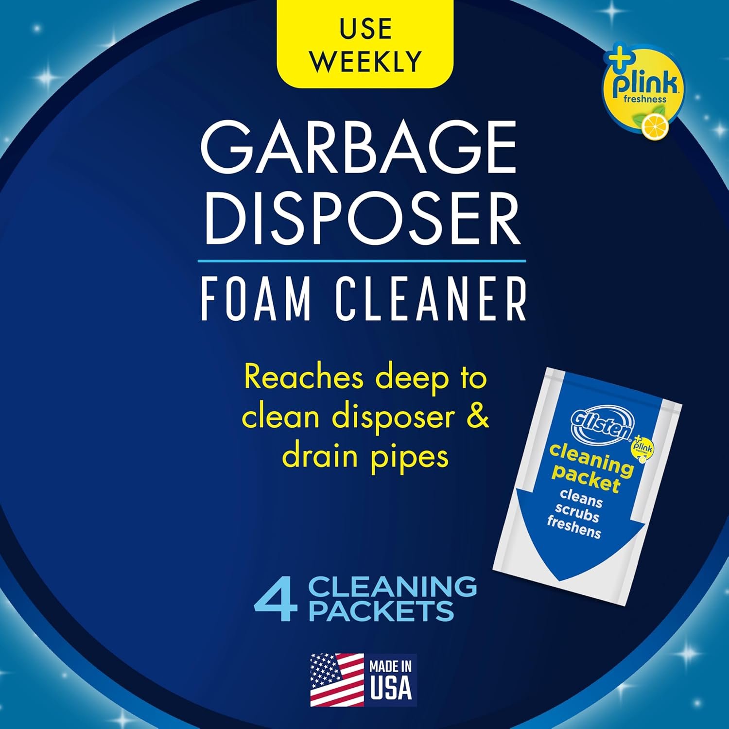 Glisten Garbage Disposer Cleaner and Freshener, Sink Disposal Odor Eliminator with Foaming Action, Lemon Scent, Made in the USA, 4 Packets - Image 2