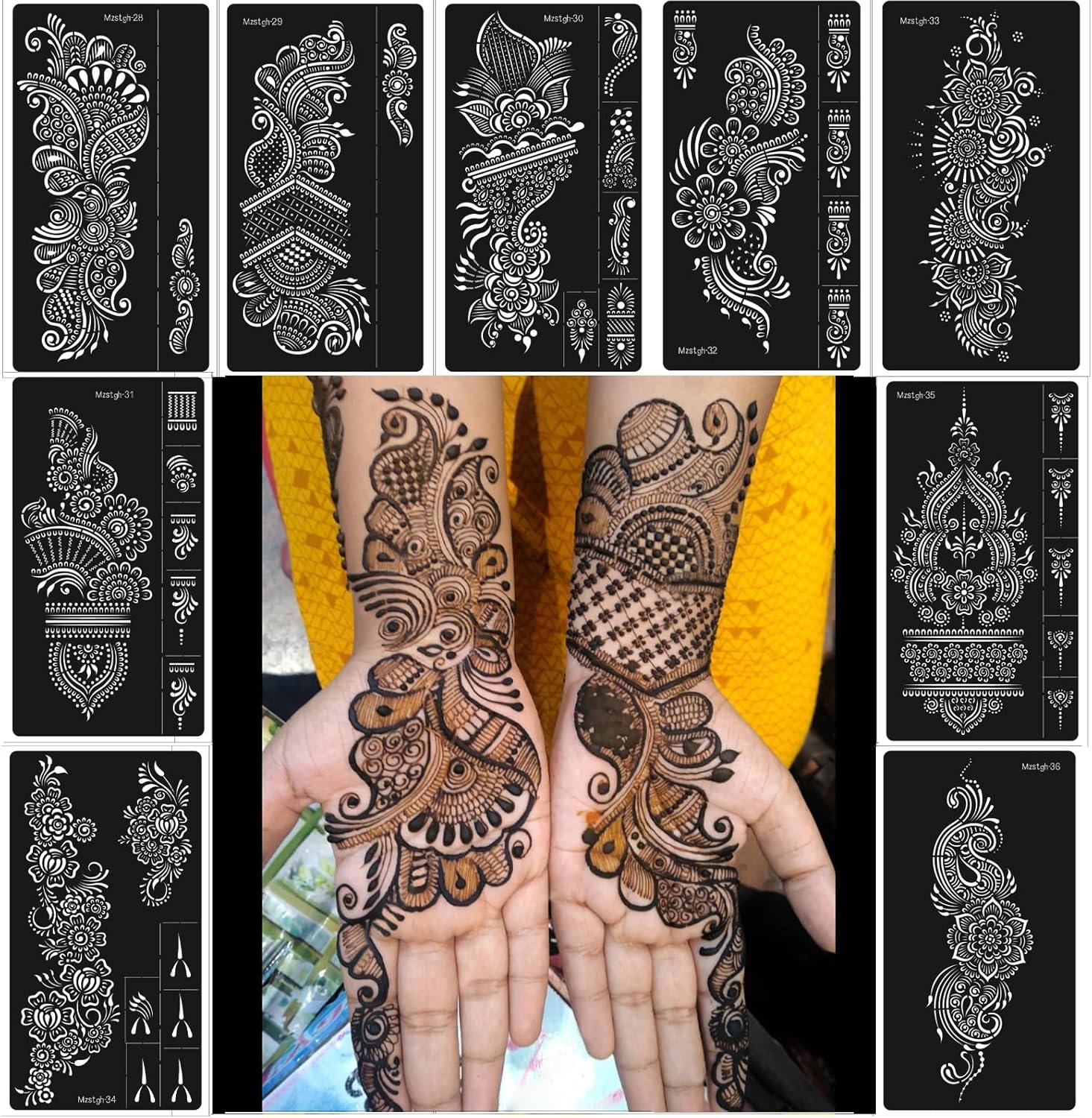 Henna Stencils 9 Sheet Henna Tattoo Kit, Reusable Henna Stickers Henna Stencils 9 Sheet Henna Tattoo Kit, Reusable Henna Stickers for Hand Forearm Indian Arabian Self Adhesive Tattoo Templates - Image 1