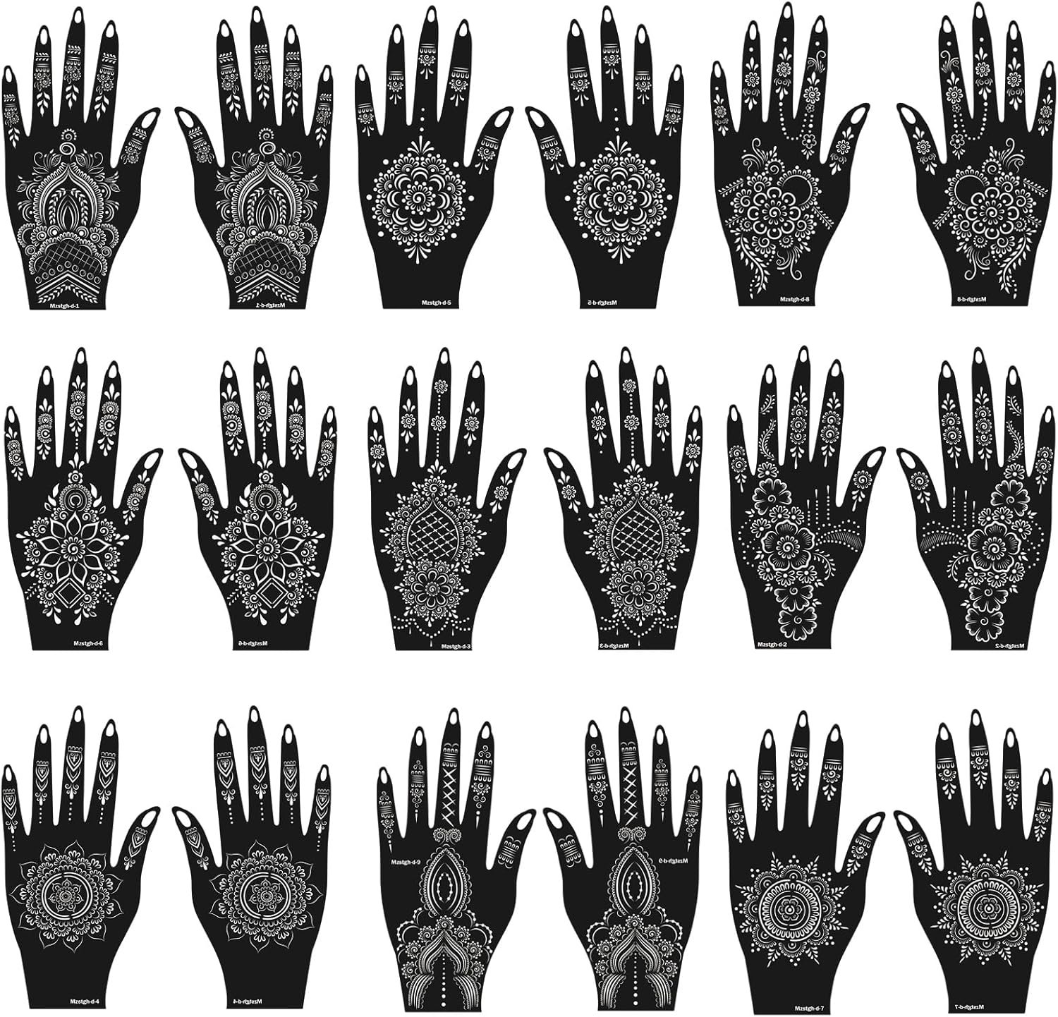 Henna Tattoo Stencils Kit, 18 Sheets Self-Adhesive Templates, Indian Mehndi Henna Tattoo Stencils Kit, 18 Sheets Self-Adhesive Templates, Indian Mehndi Designs for Hands, Traditional Body Art - Image 1