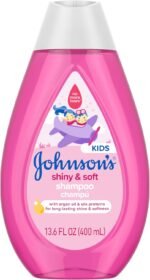 Johnson's Shiny & Soft Kids' Shampoo with Argan Oil & Silk Proteins, Daily Kids’ Hair Wash Gently Cleanses & Boosts Natural Shine & Softness, No Added Parabens & Sulfates, 13.6 fl. oz