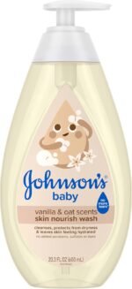Johnson's Skin Nourishing Moisture Baby Wash, Vanilla & Oat Scents, Tear-Free, Hypoallergenic Baby Body Wash Cleanses, Protects from Dryness, & Leaves Skin Feeling Hydrated, 20.3 fl. oz