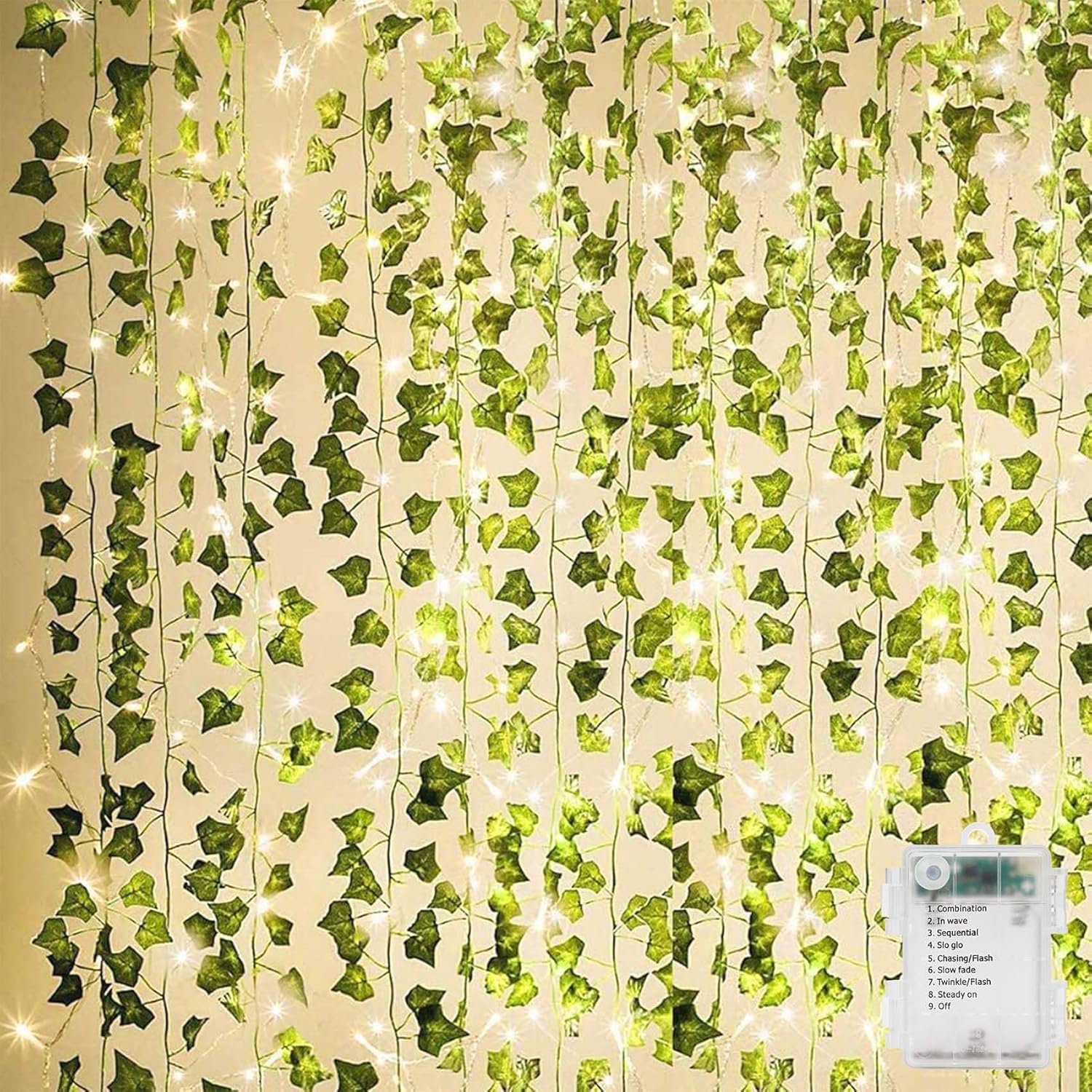 KASZOO 84Ft 12 Pack Artificial Ivy Garland Fake Plants, Vine KASZOO 84Ft 12 Pack Artificial Ivy Garland Fake Plants, Vine Hanging Garland with CE Certified 80 LED String Light, Hanging for Home Bedroom Garden Party Wedding Wall Room Decor, Green - Image 1
