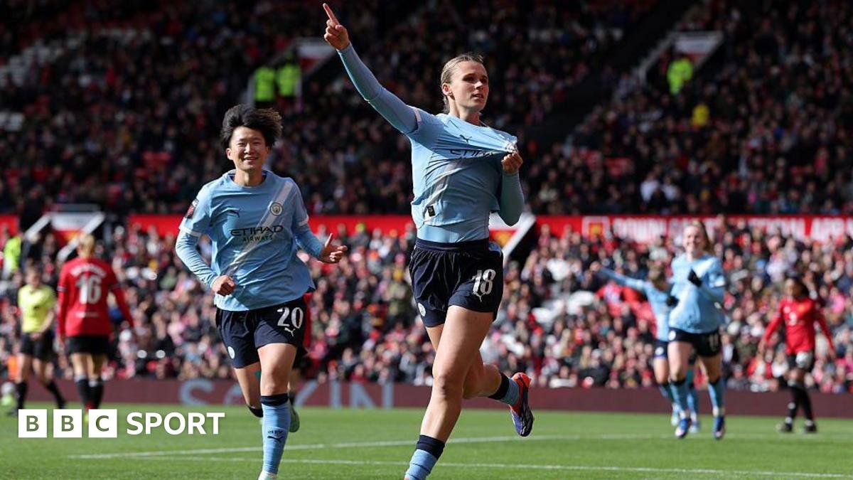 Kerstin Casparij celebrates scoring for Manchester City at Old Trafford during their 3-0 win over Manchester United in the WSL.