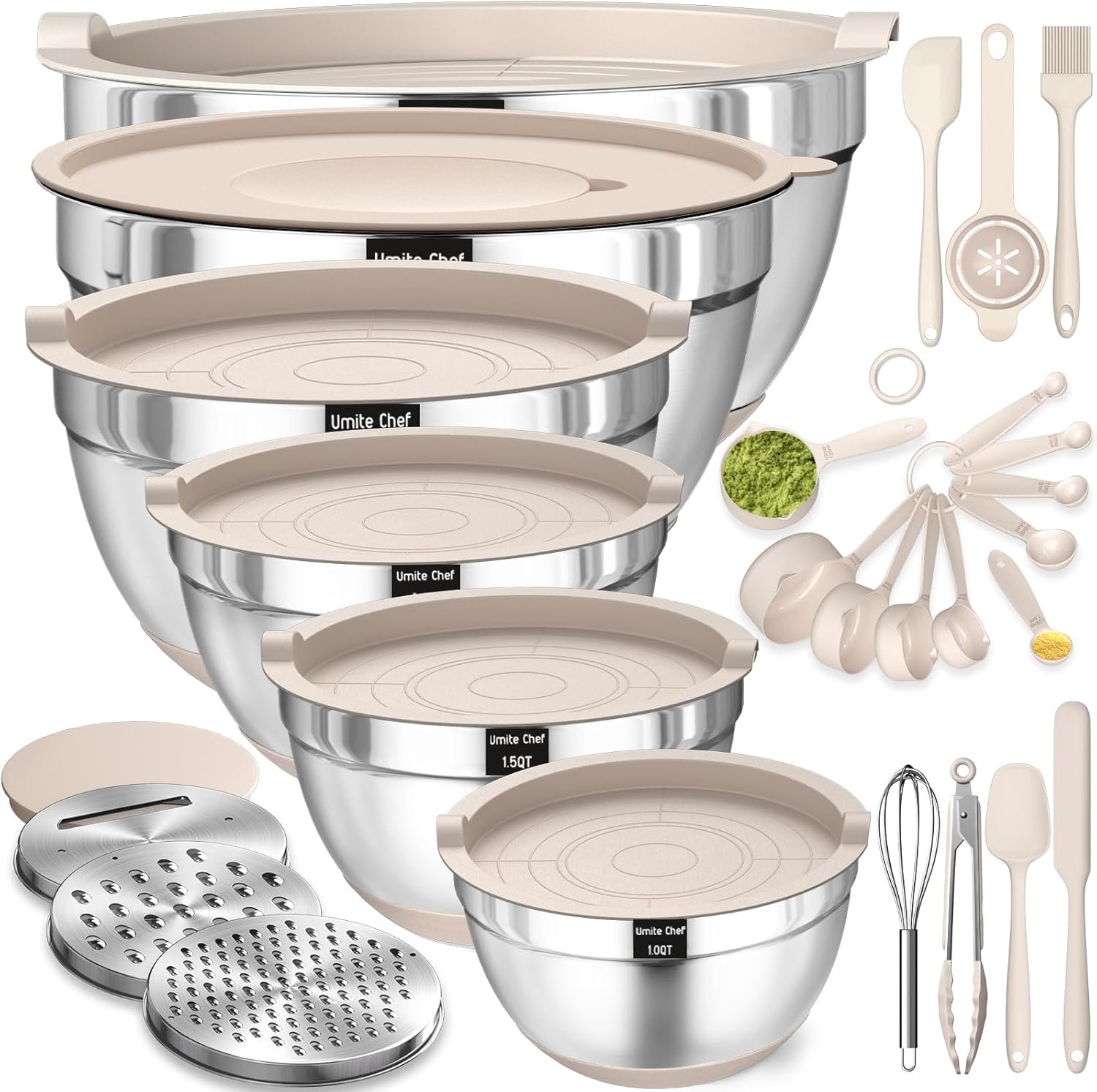 Mixing Bowls with Airtight Lids Set, 26PCS Stainless Steel Khaki Mixing Bowls with Airtight Lids Set, 26PCS Stainless Steel Khaki Bowls with Grater Attachments, Non-Slip Bottoms & Kitchen Gadgets Set, Size 7, 4, 2.5, 2.0,1.5, 1QT, Great for Mixing & Serving - Image 1