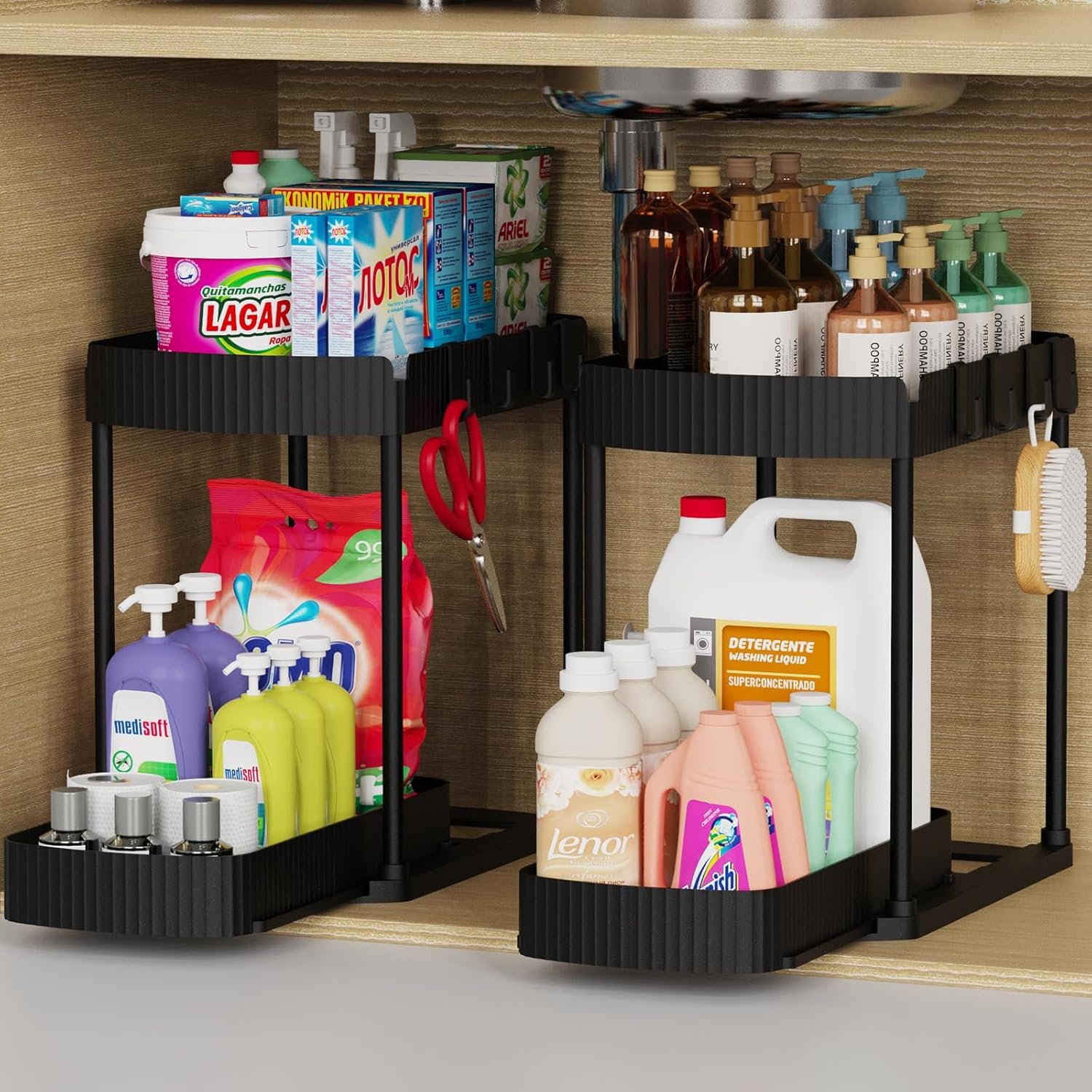 Multi-Purpose Pull-Out Storage Organizers, Under Sink/Cabinet Organizers and Storage for Multi-Purpose Pull-Out Storage Organizers, Under Sink/Cabinet Organizers and Storage for Bathroom & Kitchen, Black, 12.8 Inches, 2 Packs - Image 1