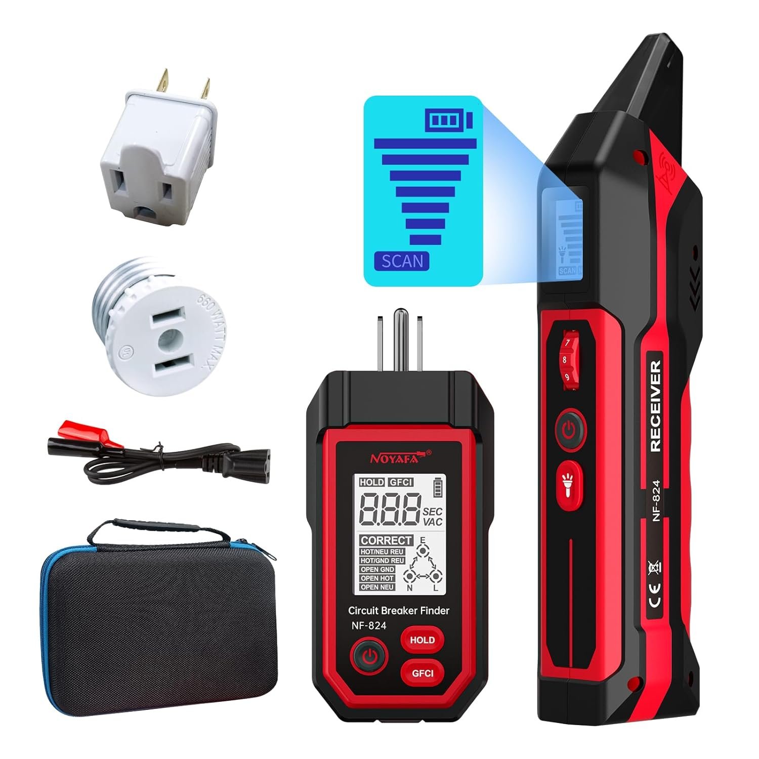 NOYAFA Nf-824 Circuit Breaker Finder with LCD Display & GFCI NOYAFA Nf-824 Circuit Breaker Finder with LCD Display & GFCI Outlet Tester, Rechargeable 90-230V NCV AC Circuit Breaker Finder Tool Electrical Circuit Tracer Tester, Adjustable Sensitivity, Flashlight - Image 1