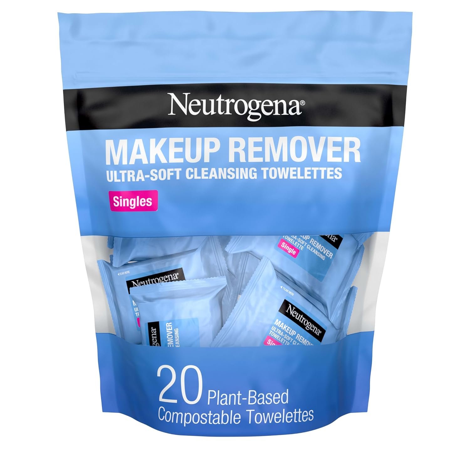 Neutrogena Makeup Remover Wipes, Daily Single Face Cleansing Towelettes, Makeup Neutrogena Makeup Remover Wipes, Daily Single Face Cleansing Towelettes, Makeup Removing Cleansing Wipes Removes Dirt & Oil, Alcohol-Free Face Towelettes, 20 ct - Image 1