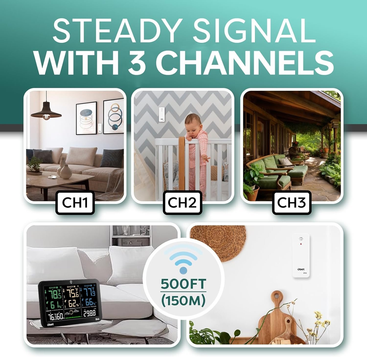 OBET Weather Station Wireless Indoor Outdoor Thermometer Wireless, Color Display Digital Temperature and Humidity Monitor with 3 Sensors, Alerts, Adjustable Backlight, USB Port (500 Feet) - Image 2