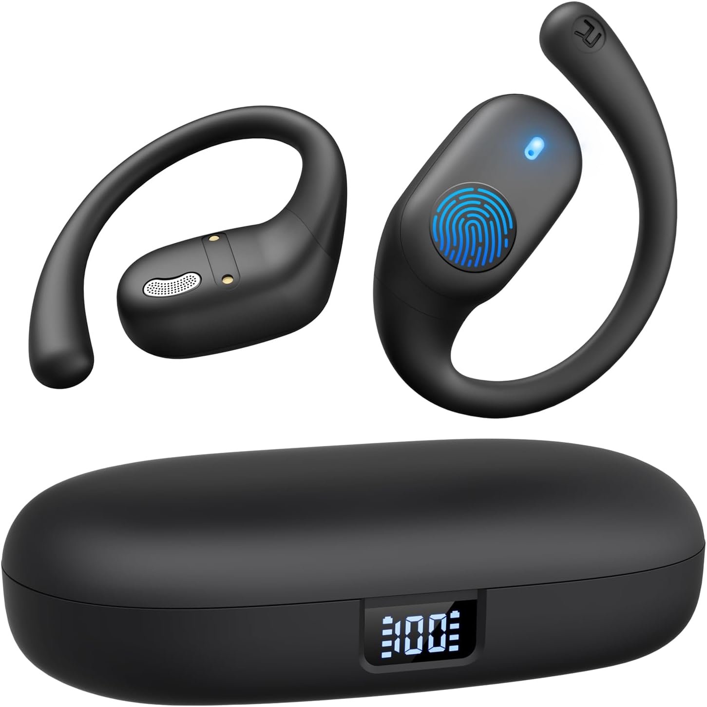 Open Ear Headphones, Bluetooth Headphones 5.3 Sports with Smart Digital Open Ear Headphones, Bluetooth Headphones 5.3 Sports with Smart Digital Display, 36H Playtime, IP54 Waterproof, Wireless Earbuds Lightweight Design Fit Cycling, Running, Workout (Black) - Image 1