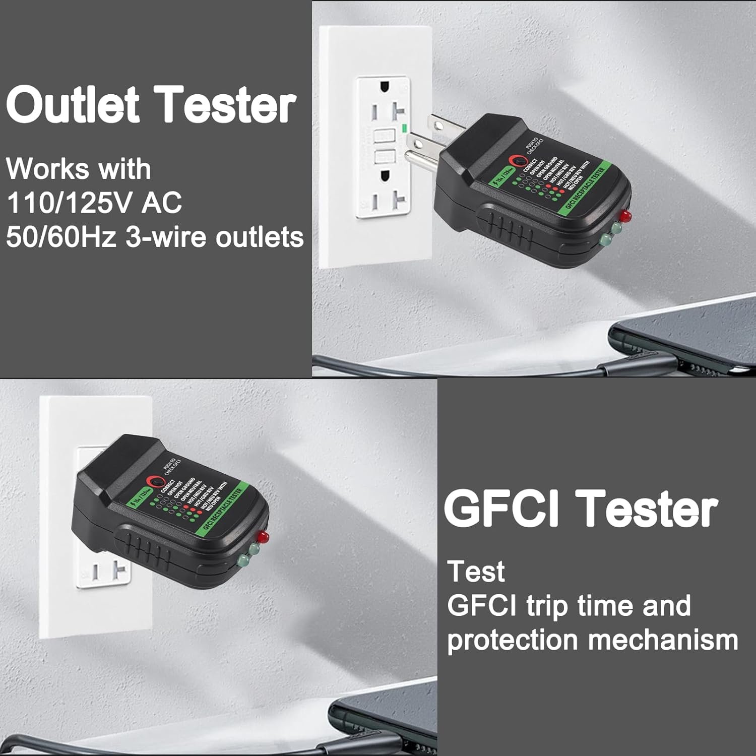 Outlet Tester for GFCI and Standard North American 120V AC Electrical Outlets, Receptacle Tester, Home & Professional Use, Detects Common Wiring Problems, ETL Listed - Image 2