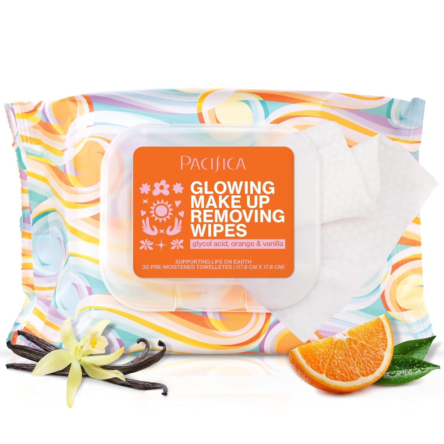 Pacifica Glowing Makeup Remover Wipes – With Glycolic Acid for Pacifica Glowing Makeup Remover Wipes – With Glycolic Acid for AHA Exfoliating and Facial Cleansing – No Rinse Face Cleaning Towelettes – Dermatologist Tested, Vegan & Cruelty-Free – 30 Pack - Image 1
