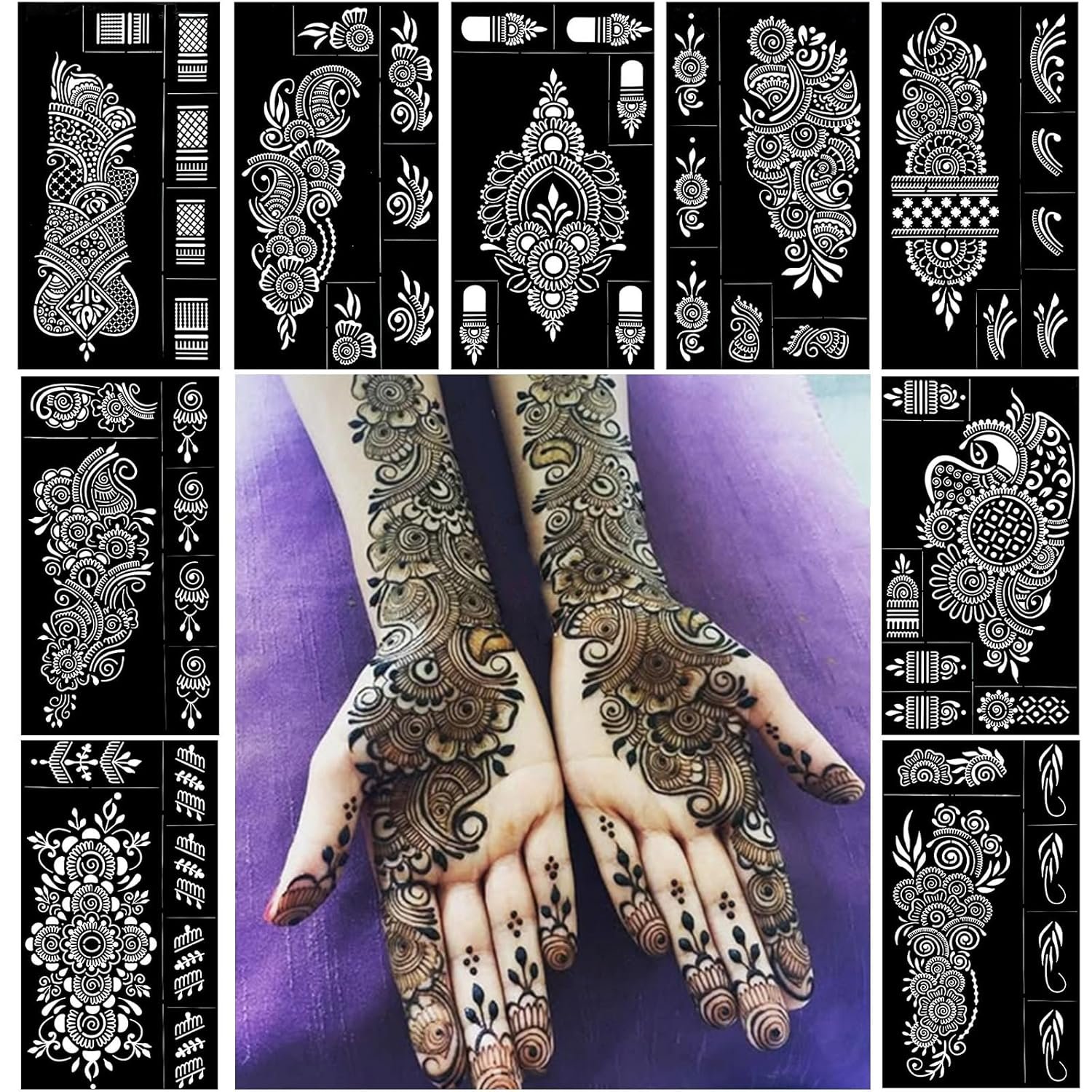 Pack of 9 Henna Tattoo Stencil Kit,Reusable Mehendi Stencils Templates Pack of 9 Henna Tattoo Stencil Kit,Reusable Mehendi Stencils Templates for Hand Forearm Indian Arabian Temporary Tattoo Stickers - Image 1