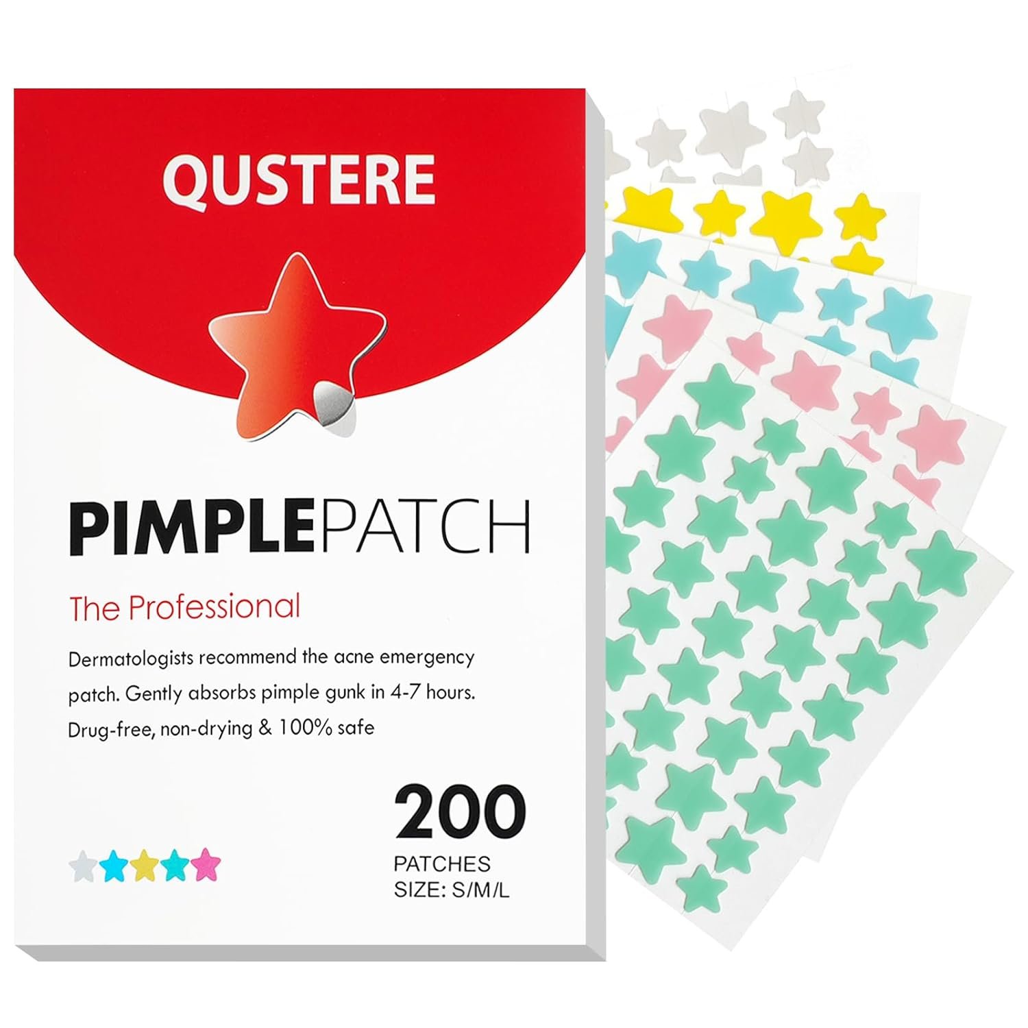 Pimple Patches for Face, Hydrocolloid Acne Patches, Cute Star Zit Pimple Patches for Face, Hydrocolloid Acne Patches, Cute Star Zit Covers, Colorful Spot Stickers with Tea Tree, Salicylic Acid & Cica Oil| 3 Sizes (10mm, 12mm & 14mm) |200 Count - Image 1