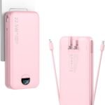 Portable Charger, 20000mAh 22.5W Fast Charging Power Bank with Built-in Cables & Wall Plug, External Battery Pack with LED Display, Travel Essentials Battery Bank for iPhone, iPad, Samsung Fairy Pink