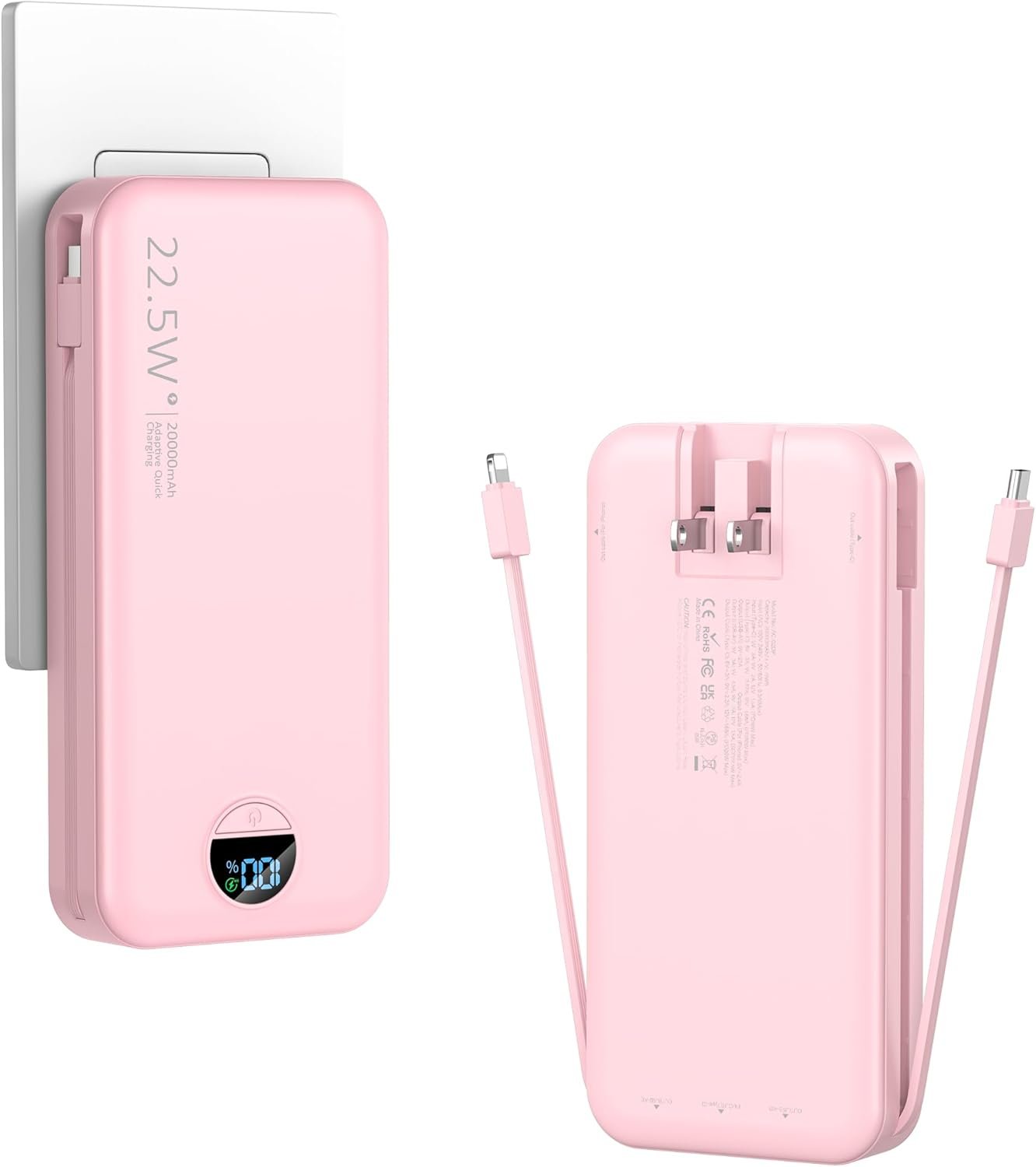 Portable Charger, 20000mAh 22.5W Fast Charging Power Bank with Built-in Portable Charger, 20000mAh 22.5W Fast Charging Power Bank with Built-in Cables & Wall Plug, External Battery Pack with LED Display, Travel Essentials Battery Bank for iPhone, iPad, Samsung Fairy Pink - Image 1