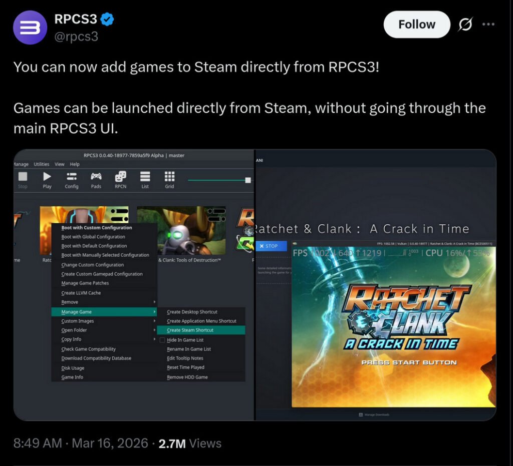 RPCS3 Adds Support for Steam Library Integration in Latest Update