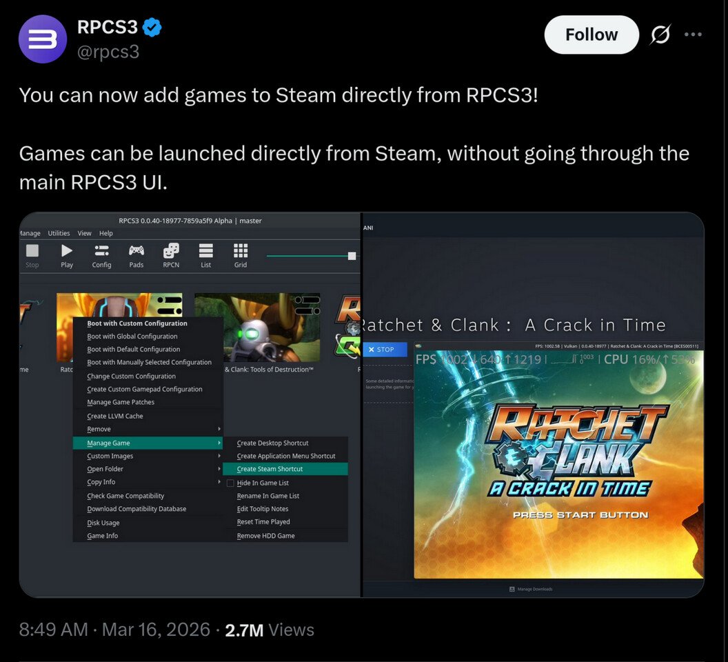 RPCS3 Adds Support for Steam Library Integration in Latest Update