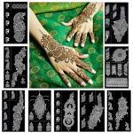 Reusable Henna Tattoo Stencils Kit, Mehendi Stencils for Hands Forearm Glitter Airbrush DIY Tattooing Template,9 Sheet Indian Temporary Tattoo Stickers for Women Girls（8.2" x 4.7"）