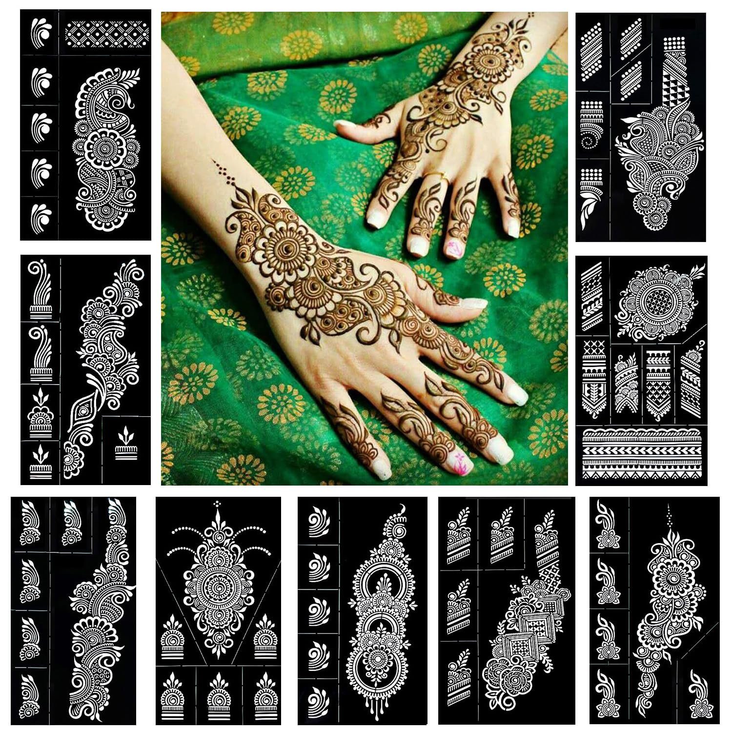 Reusable Henna Tattoo Stencils Kit, Mehendi Stencils for Hands Forearm Reusable Henna Tattoo Stencils Kit, Mehendi Stencils for Hands Forearm Glitter Airbrush DIY Tattooing Template,9 Sheet Indian Temporary Tattoo Stickers for Women Girls(8.2" x 4.7") - Image 1