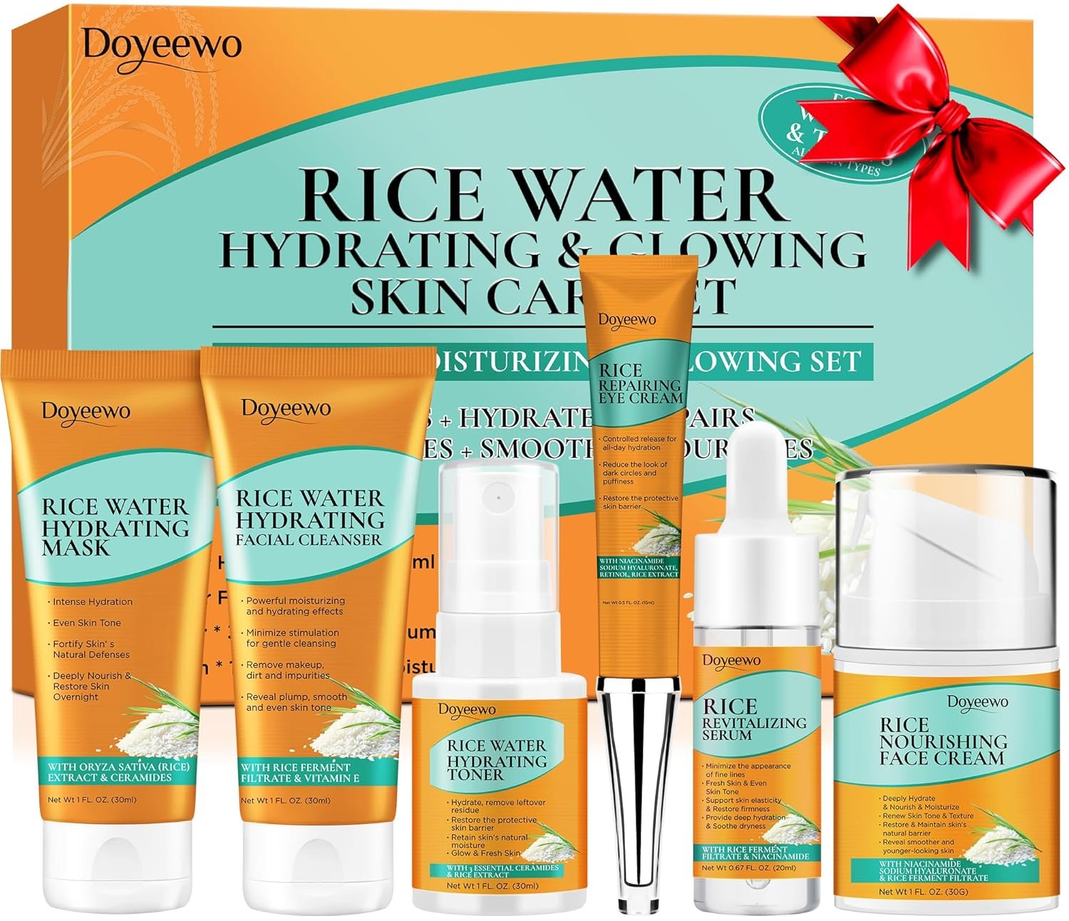 Skin Care Set,6Pcs Women Teen Glass Skincare w/Korean Rice Extract,Hydrate Skin Care Set,6Pcs Women Teen Glass Skincare w/Korean Rice Extract,Hydrate Glow Repair Anti-Aging Facial Routine Kit Self Care Gifts for Women Mom Wife Teenage Girl Her Valentines Day Christmas Gifts - Image 1
