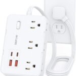 Surge Protector Power Strip with Flat Plug, 3 FT Extension Cord with 6 AC Outlets 4 USB Ports,1050J Surge Protection, Wall Mountable Charging Station for Office, Home, White