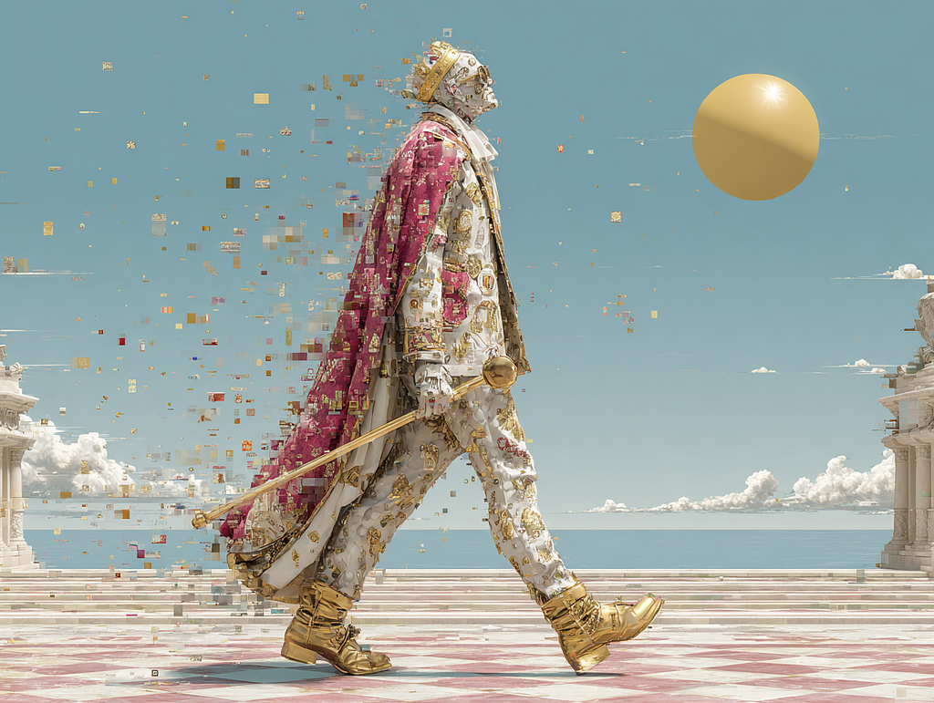 Sci-fi image of an emperor created by large pixels in the midst of walking. The background shows a faraway scene of a flat platform and the sea, connecting to the blue sky with white clouds and a yellow orb as the sun