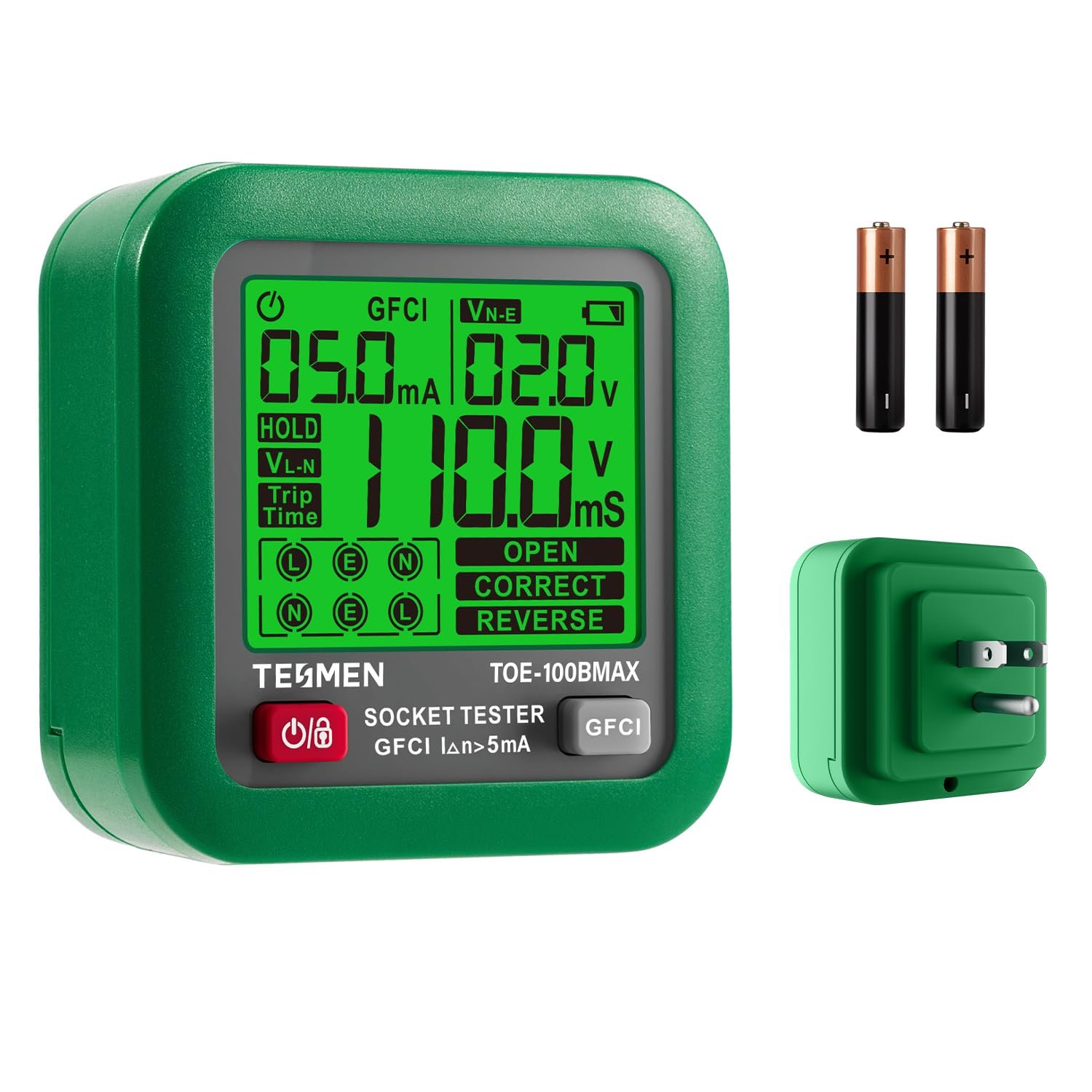 TESMEN TOE-100BMAX GFCI Outlet Tester with GFCI Trip Time Test, TESMEN TOE-100BMAX GFCI Outlet Tester with GFCI Trip Time Test, Backlit LCD, Data Hold, Voltage Tester, Receptacle Tester for Home & Daily Safety Checks - Green - Image 1