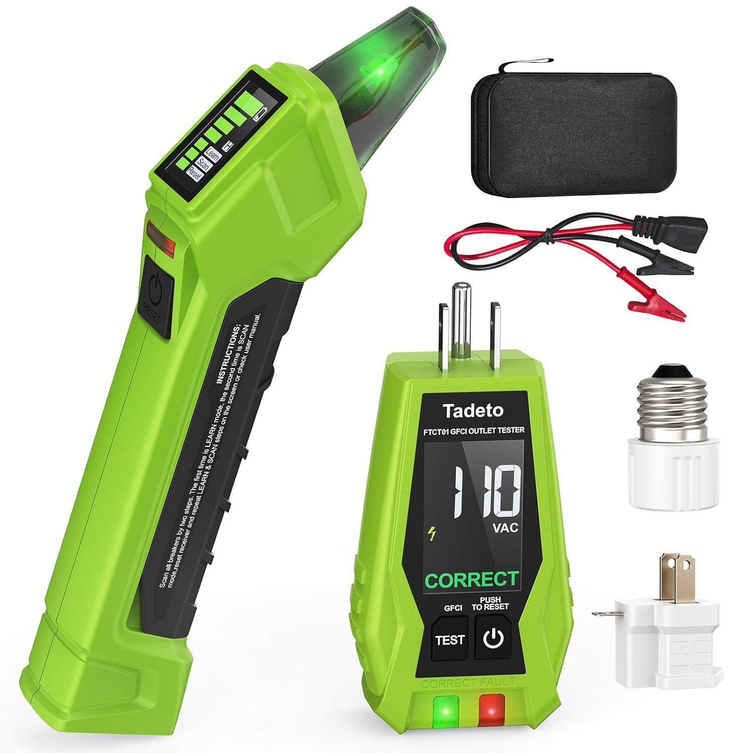 Tadeto Circuit Breaker Finder Tool with Outlet Tester, Quickly GFCI, Tadeto Circuit Breaker Finder Tool with Outlet Tester, Quickly GFCI, Voltage, Electric Tester with Dual LCD Display, Light Socket and 3-2 Prong Grounding Adapter, Alligator Clip Adapter - Image 1