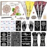 Temporary Tattoo Stencil Kit 10 Sheets, 6 Pcs Tattoo Cones 3 Color (Black/Brown/Cherry Red) with Brush/cotton swabsTool, India Art Skin Painting Designs for Women Men Kids DIY Gifts
