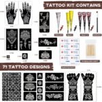 Temporary Tattoo Stencil Kit 10 Sheets, 6 Pcs Tattoo Cones 3 Color (Black/Brown/Cherry Red) with Brush/cotton swabsTool, India Art Skin Painting Designs for Women Men Kids DIY Gifts - Image 2