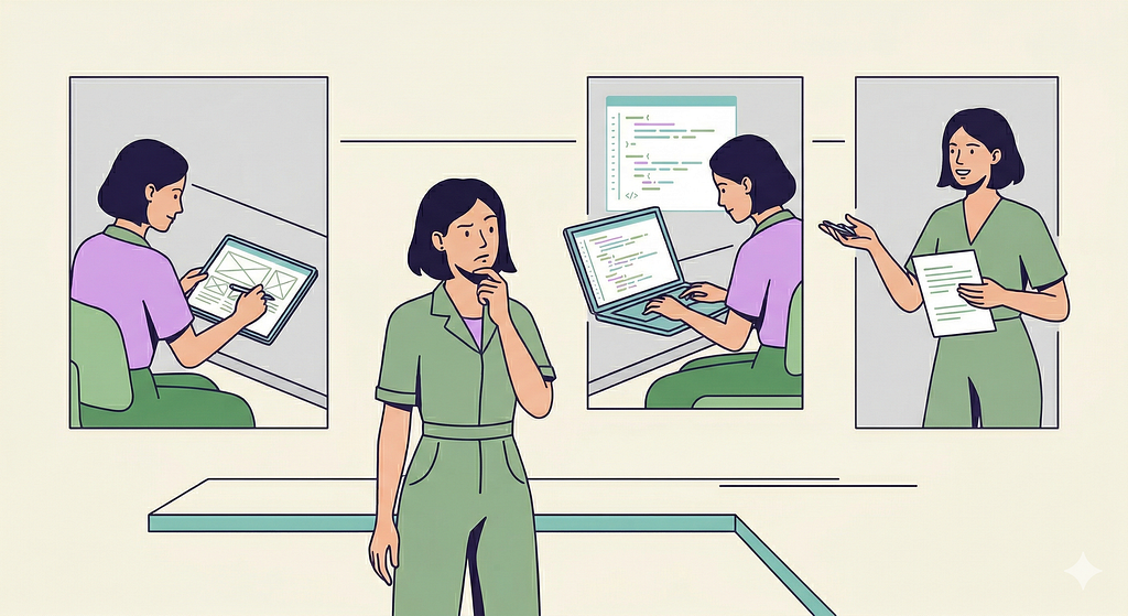 Illustration of a woman standing thoughtfully with her hand on her chin, facing three framed scenes showing different versions of herself: one sketching wireframes on a tablet, one coding on a laptop, one presenting a document