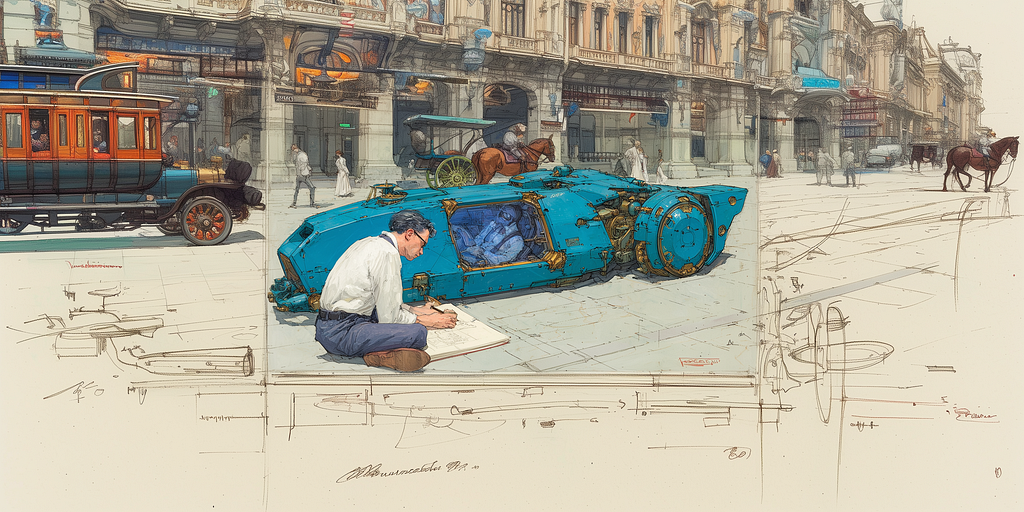 A designer sitting next to a concept car in the 1900s surrounded by horses and carrages
