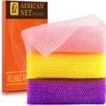 UJFQBH 3 Pieces African Bath Sponge African Net Long Net Bath Sponge Exfoliating Shower Body Scrubber Back Scrubber Skin Smoother,Great for Daily Use (Pink,Yellow,Purple)