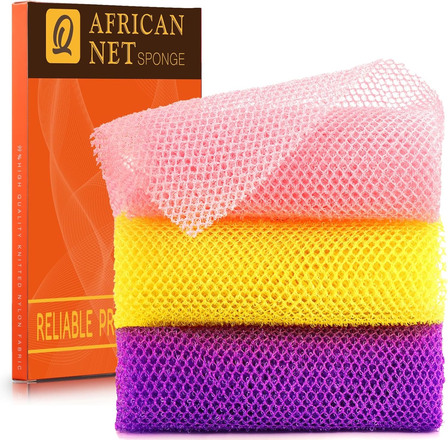 UJFQBH 3 Pieces African Bath Sponge African Net Long Net UJFQBH 3 Pieces African Bath Sponge African Net Long Net Bath Sponge Exfoliating Shower Body Scrubber Back Scrubber Skin Smoother,Great for Daily Use (Pink,Yellow,Purple) - Image 1